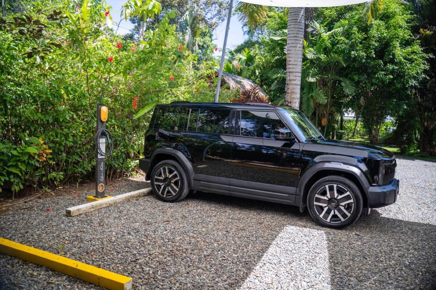 Voiture électrique en charge à la borne du domaine