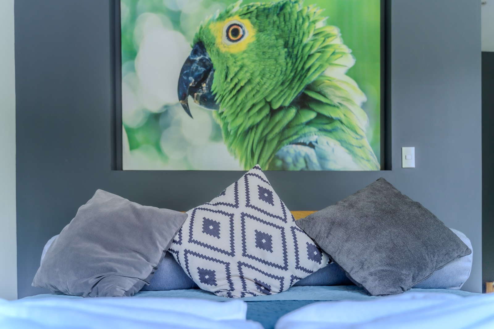 Chambre avec lit queen et tableau du perroquet